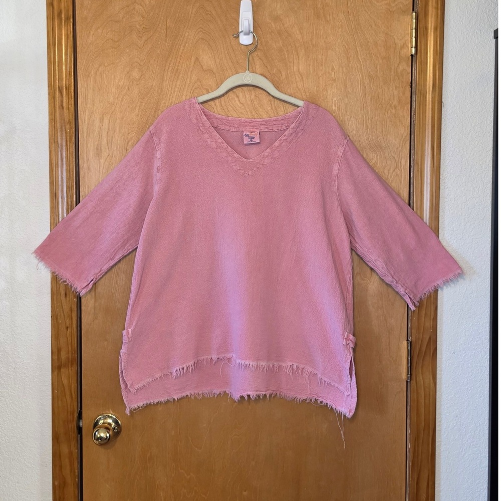 Sea Breeze of California Pink Cotton Frayed V-Neck Top XL Lagenlook Coastal Boho